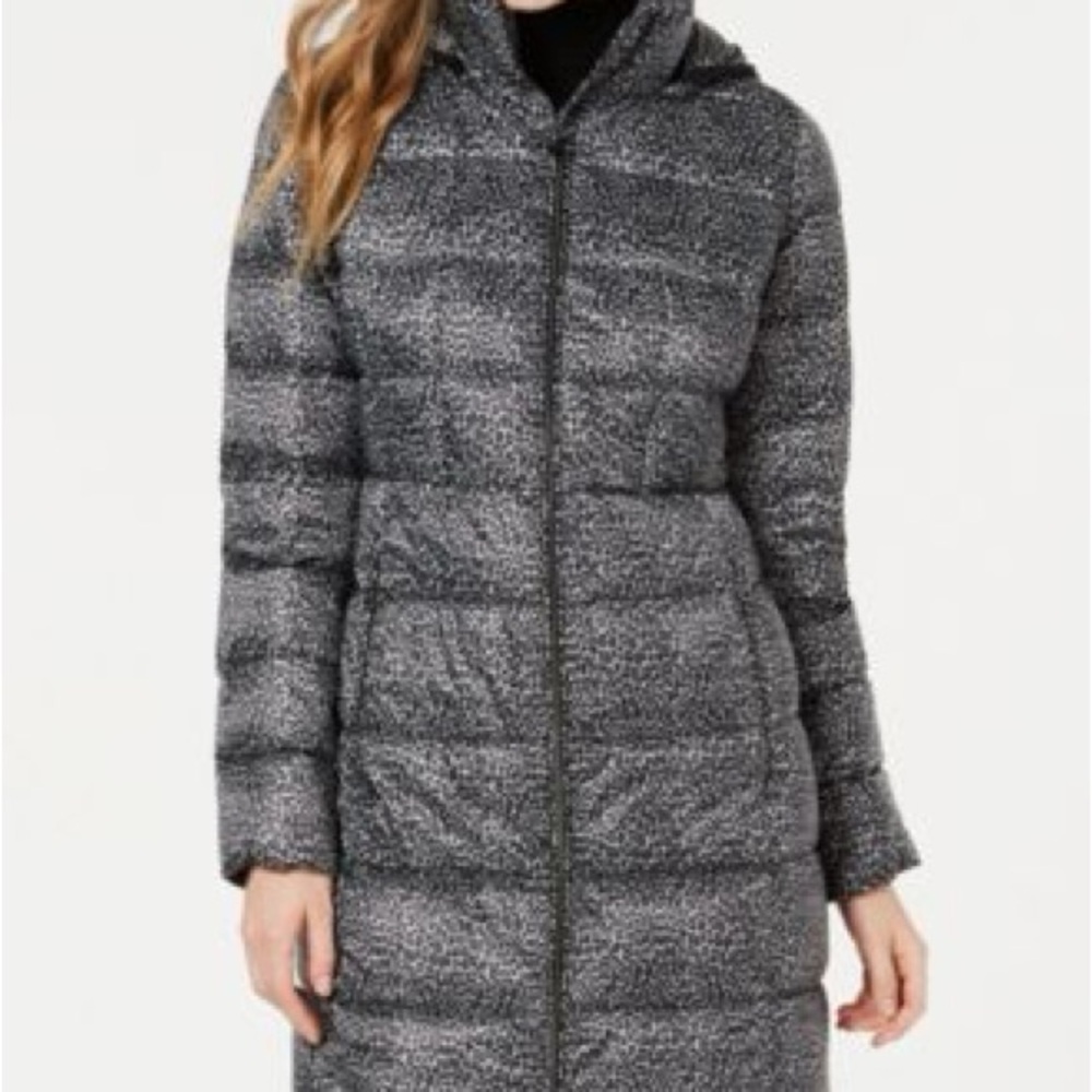 Women's Michael Kors animal print leopard Gray black Hooded Puffer Coat PS EUC